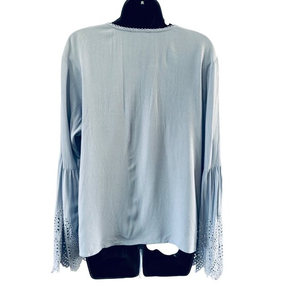 Womens Top M Powder Blue Bell Sleeve Crochet Lace Detail Tie Front - Picture 3 of 8